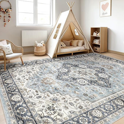 9x12 Area Rug Living Room: Washable Boho Large Neutral Vintage Soft Rugs Stain Resistant Farmhouse Non-Slip Indoor Floor Carpet for Bedroom Nursery Kids Playroom Office Dining Room House- Blue Tan