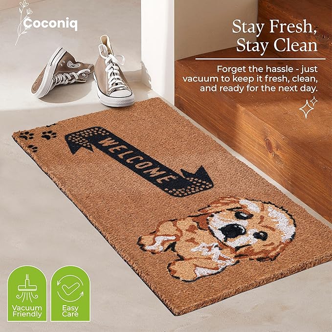 Coir Door Mats 17" X 30", Non-Slip Sturdy, PVC Backed Heavy Duty, Easy to Clean, Ideal for Door Entrance, Patio, Porch, Backyard, Garages, Cute Little Puppy Welcome