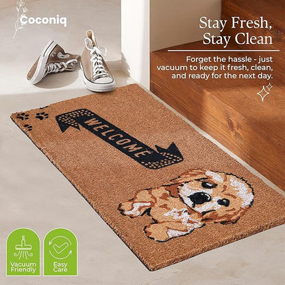 Coir Door Mats 17" X 30", Non-Slip Sturdy, PVC Backed Heavy Duty, Easy to Clean, Ideal for Door Entrance, Patio, Porch, Backyard, Garages, Cute Little Puppy Welcome