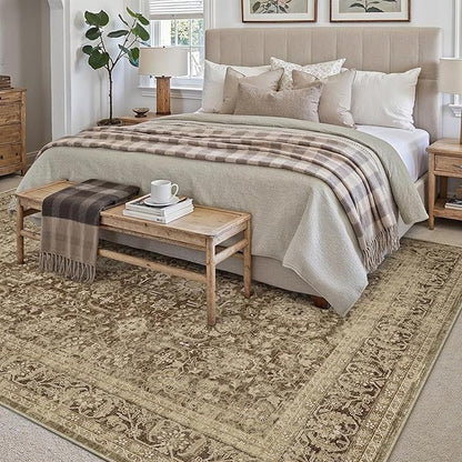 Brown 8x10 Area Rug Non Slip Large Vintage Living Room Distressed Machine Washable Retro Carpet Indoor Bedroom Traditional Floral Accent Throw Rug for Office Kitchen Dorm Dining Room