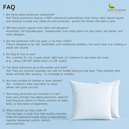 Euro Size Pillow Protectors (Set of 2) - European Square 24x24 Pillow Covers Waterproof Hypoallergenic Dust Proof Zippered Encasement