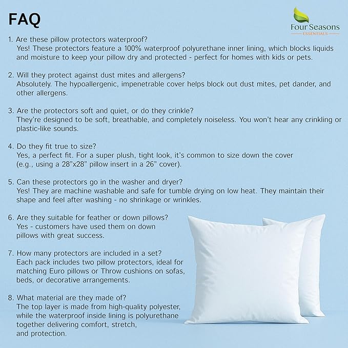 Euro Size Pillow Protectors (Set of 2) - European Square 16x16 Pillow Covers Waterproof Hypoallergenic Dust Proof Zippered Encasement