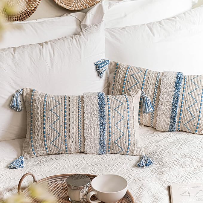 BlissBlush Blue Decorative Lumbar Throw Pillow Cover 12x20 Combo Set of 2 Rectangular Coastal Boho Accent Pillowcase Neutral Farmhouse Cushion for Couch Sofa Bedroom Living Home Décor Cover ONLY