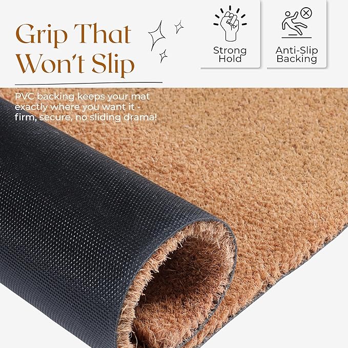 Coir Door Mats 17" X 30", Pack of 1, Non-Slip Sturdy, PVC Backed, Heavy Duty, Easy to Clean, Ideal for Door Entrance, Patio, Porch, Backyard, Garages, Plain Mat