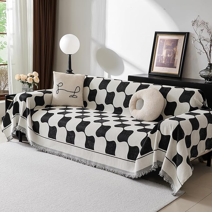 MEETSKY Oversized Sofa Cover Black Couch Cover for Sectional Sofa, Modern Jacquard Sofa Slipcover Loveseat Futon Cover, Pet Couch Cover Washable Couch Protector, 91" x 134", Black Checkerboard