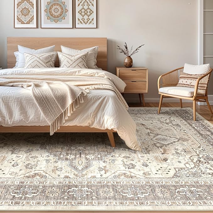 8x10 Area Rugs Living Room: Washable Boho Large Neutral Vintage Soft Rug Stain Resistant Farmhouse Non Slip Indoor Floor Carpet for Bedroom Nursery Kids Playroom Office Dining Room Home Decor- Brown