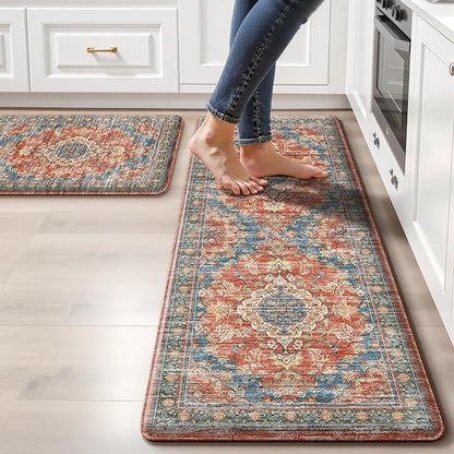 Boho Kitchen Mats for Floor 2 Piece Set Anti Fatigue Cushioned PVC Kitchen Rugs Non Slip Waterproof Farmhouse Mats 2/5 Inch Comfort Standing Mat for Sink, Laundry, 17.3"x59"+17.3"x28", Retro Red