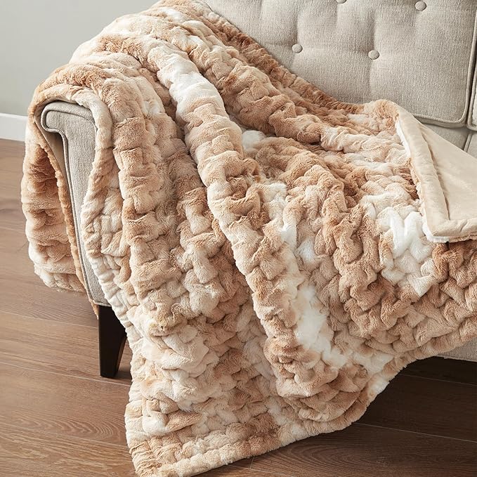 Madison Park Faux Fur Throw, Luxurious Ruched Texture, Fuzzy Warm, Plush Mink-Like Reverse, All Season, Lightweight & Cozy Blanket-Throw for Sofa, Couch, Living Room & Office 50" x 60" Tan Tie Dye