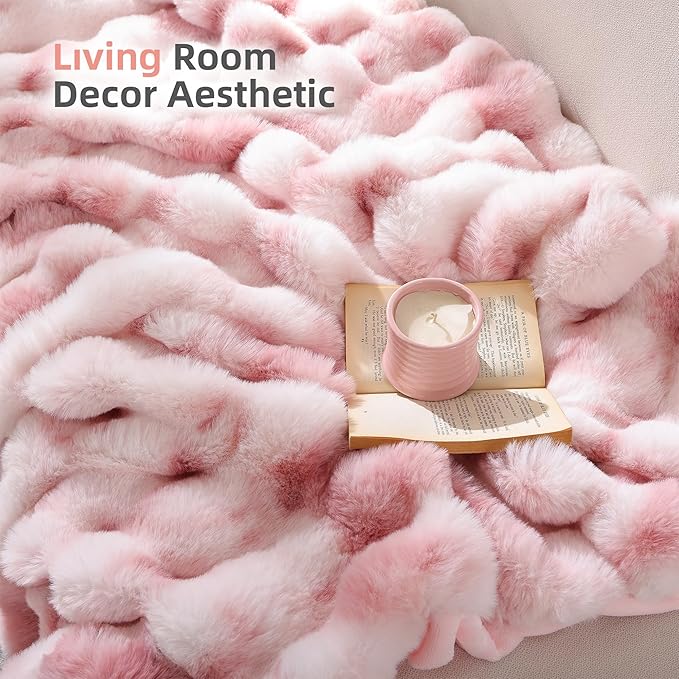 Smoofy Faux Fur Throw Blanket for Couch Rabbit Fleece - Tie-dye Pink Fluffy Blanket for Sofa Bedroom Living Room, Cozy Soft Plush Luxury Thick Winter Fuzzy Comfy Bubble Blanket - 60" x 80"
