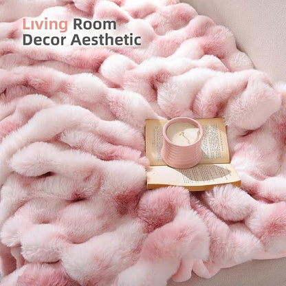Smoofy Faux Fur Throw Blanket for Couch Rabbit Fleece - Tie-dye Pink Fluffy Blanket for Sofa Bedroom Living Room, Cozy Soft Plush Luxury Thick Winter Fuzzy Comfy Bubble Blanket - 60" x 80"