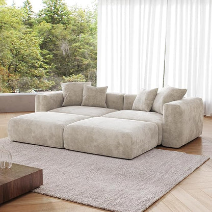 JACH Corduroy Sectional Couches for Living Room, Modular Sectional Couch with Chaise Ottomans, Cushion Covers Removable, Modern Sofa Bed for Living Room, Apartment, Office (Beige)