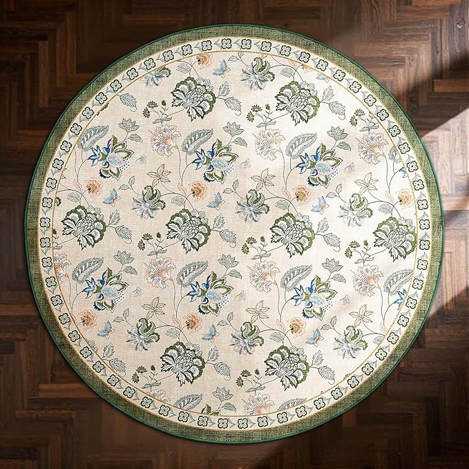 jinchan Elora 4ft Floral Round Rug for Entryway Washable Rug Vintage Romance Christmas Design Non Slip Indoor Doormat Lightweight Low-Profile Throw Carpet for Living Room Dining Room, Green/Beige