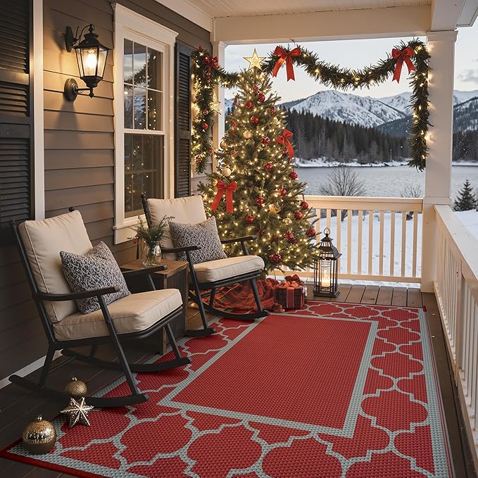 GENIMO 5' x 8' Outdoor Rug Waterproof for Patio Christmas Decor, Foldable Reversible Plastic Straw Area Rugs Mat for Camper, Outside Carpet for Rv, Deck, Porch, Picnic, Beach, Balcony, Red & Grey