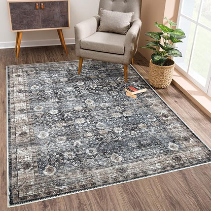 Bloom Rugs Washable Non-Slip 6' x 9' Rug - Black/Brown Traditional Area Rug for Living Room, Bedroom, Dining Room, and Kitchen - Exact Size: 6' x 9'