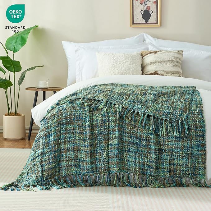 Multi-Color Green Cable Knitted Throw Blanket for Couch,60"X80" Boho Style Textured Blankets for Home Decor,Super Soft Warm Cozy Chunky Knit Blanket with Decorative Tassels for Bed and Sofa