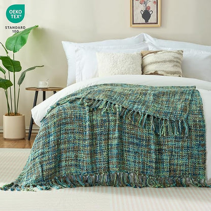 Multi-Color Green Cable Knitted Throw Blanket for Couch,50"X60" Boho Style Textured Blankets for Home Decor,Super Soft Warm Cozy Chunky Knit Blanket with Decorative Tassels for Bed and Sofa