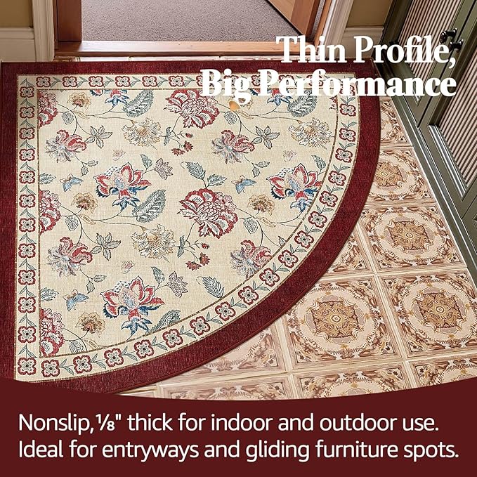 jinchan Elora Floral Corner Rug for Entryway Washable Rug Vintage Romance Christmas Design Non Slip Quarter Circle Lightweight Low-Pile Throw Carpet for Playroom Nook Nursery, 4ft Radius, Red/Beige