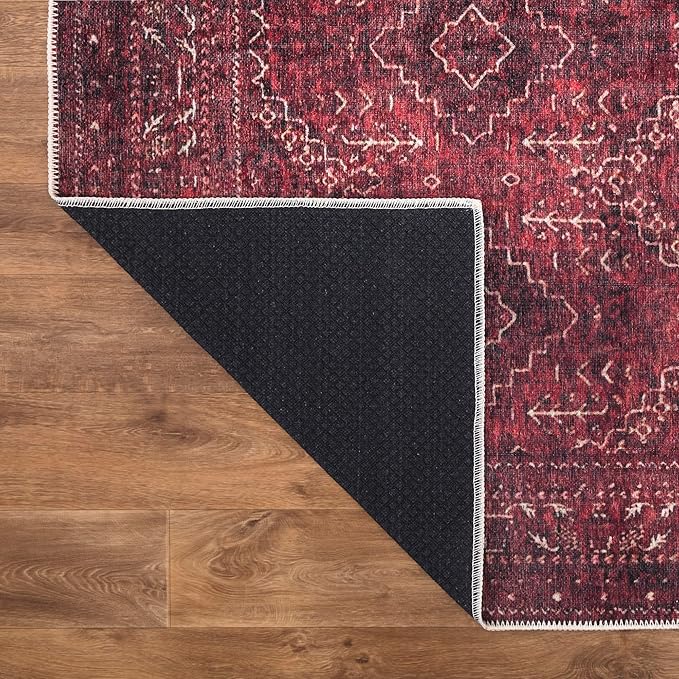 Bloom Rugs Washable Non-Slip 9' x 12' Rug - Dark Red Traditional Bordered Area Rug for Living Room, Bedroom, Dining Room, and Kitchen - Exact Size: 9' x 12'