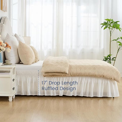 BISELINA Wrap Around Bed Skirts 17" Drop, Cotton Adjustable Elastic Dust Ruffles Easy Fit Wrinkle & Fade Resistant Soft Cozy Elegant Luxurious Bedding - White, King Size