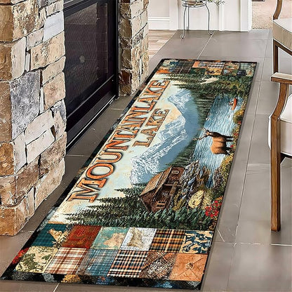 Retro Elk Runner Rug 3.3x10ft with Boat and Alpine Flowers - Bohemian Washable Rug Thick Anti-Fatigue Mat for Entryway, Geometric Art Pattern Living Room Hallway Entrance Decor