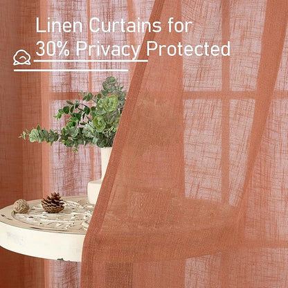 LAMIT 63 Inch Semi Sheer Linen Curtains, Light Filtering Panels Back Tab and Rod Pocket Fall Decor Drapes for Bedroom/Living Room, Terracotta, 2 Panels, 34 x 63 Inch