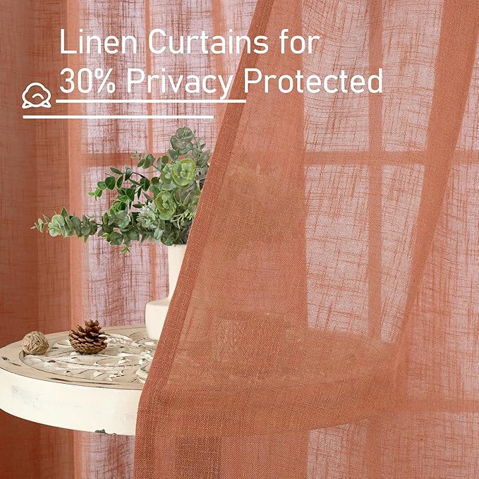 LAMIT Terracotta Semi Sheer Linen Curtains 24 Inch Long, Light Filtering Panels Back Tab and Rod Pocket Neutral Drapes for Cafe/Bathroom/Small Window, 2 Panels, 34 x 24 Inch