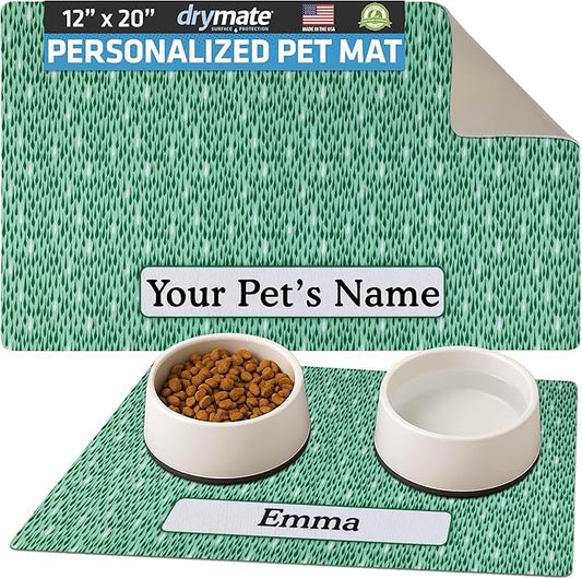 Drymate Personalized Pet Bowl Placemat, Custom Dog & Cat Food Feeding Mat - Absorbent Fabric, Waterproof Backing - Machine Washable/Durable (USA Made) (12" x 20") (Drizzle Green)