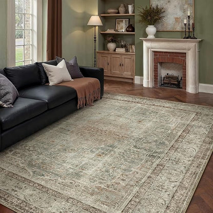 Sage Area Rug 5x7 for Living Room Washable Vintage Carpet Low Pile Non Slip Distressed Soft Traditional Retro Oriental Large Accent Throw Rug Office Kitchen Bedroom Dining Room