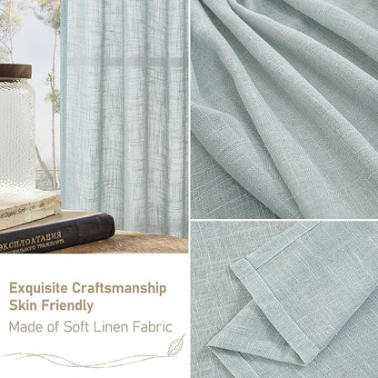 LAMIT Greyish Blue Linen Curtains 63 Inches Long, Semi Sheer Light Filtering Panels Back Tab and Rod Pocket Small Cafe Drapes for Basement/Window/Loft Room, 2 Panels, 34 x 63 Inch