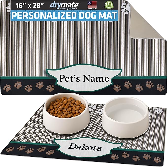 Drymate Personalized Pet Bowl Placemat, Custom Dog & Cat Food Feeding Mat - Absorbent Fabric, Waterproof Backing - Machine Washable/Durable (USA Made) (16" x 28") (Green Tan Paw)
