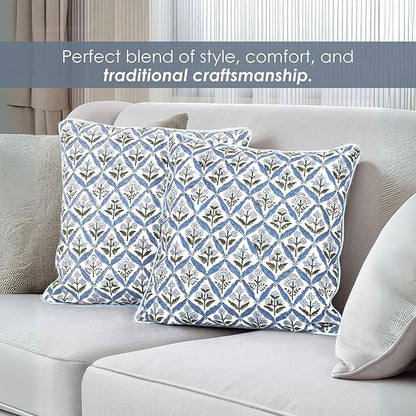 SheetKart Cotton Throw Pillow Covers - Set of 2 - Hand Block Cotton Printed Boho Decorative Pillow Covers - Cushion Covers for Living Room, Bohemian Theme, 20 x 20 Inches, Floral Blue