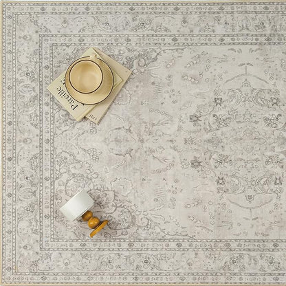Beige 4x6 Area Rug Washable Vintage Carpet for Office Living Room Soft Retro Floral Low Pile Thin Indoor Rug Non Slip Central Medallion Floor Cover for Bedroom Kitchen Dining Room