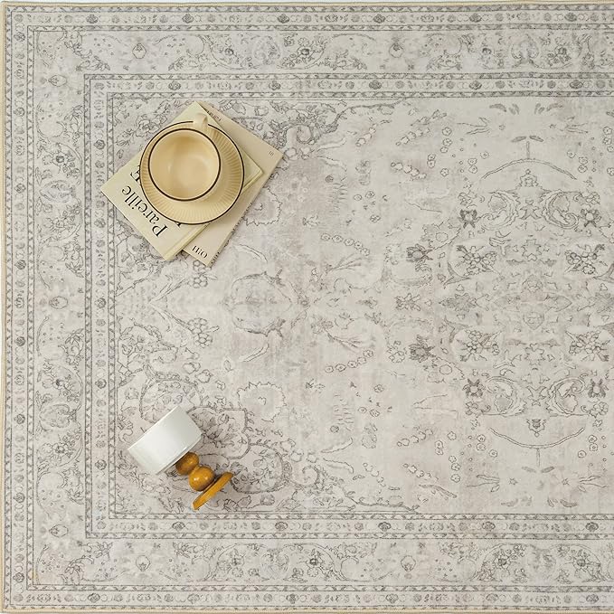 Beige 2x6 Runner Rug Washable Vintage Long Carpet for Hallway Kitchen Soft Retro Floral Low Pile Indoor Runner Non Slip Central Medallion Throw Rug for Bathroom Bedroom Laundry Dining Room