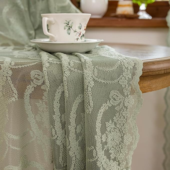 Green Lace French Delicacy Curtains 96 Inches Long -Rod Pocket Luxury Vintage Bow Butterfly Sheer Lace Flower Curtains for Living Room Bedroom，52 x 96 Inch, 2 Panels