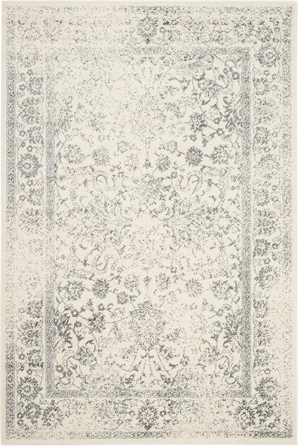 SAFAVIEH Area Rug 4x6 - Adirondack Collection - Ivory & Silver, Distressed Vintage Floral Design, Non-Shedding & Easy to Clean, Ideal for Living Room, Bedroom, Dining Space (ADR109C)