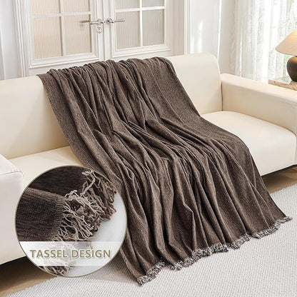 MYSKY HOME Boho Couch Cover Chocolate Sofa Covers with White Tassel Farmhouse Sofa Slipcover Simple Couch Protector for Dogs Chenille Sectional Couch Covers L Shaped Couch Cushion Covers, 91"x 134"