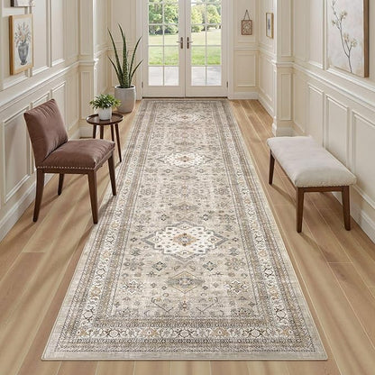 Vintage Hallway Runner Rug 3x8: Large Soft Washable Entryway for Kitchen Laundry Room Non-Slip Backing Runner for Entrance Living Room Bedroom Bathroom - Beige