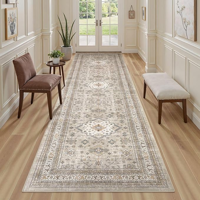 Vintage Hallway Runner Rug 3x14: Large Soft Washable Entryway for Kitchen Laundry Room Non-Slip Backing Runner for Entrance Living Room Bedroom Bathroom - Beige