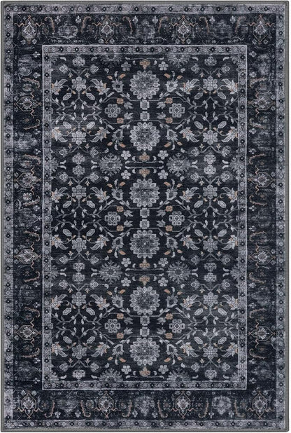 KUTA 3x5 Rugs for Entryway, Vintage Floral Area Rug Washable Non-Slip Black Grey Orange Ultra Thin Soft Printed Distressed Entry Low-Pile Throw Carpet for Bedroom Nursery Living Room