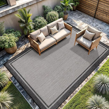 CAMILSON Indoor Outdoor Rug, 9x12 Bordered Gray Modern Area Rugs for Large Indoor and Outdoor Patios, Kitchen and Hallway Mats, Washable Porch Deck Outside Carpet (Bordered Grey, 9 x 12)