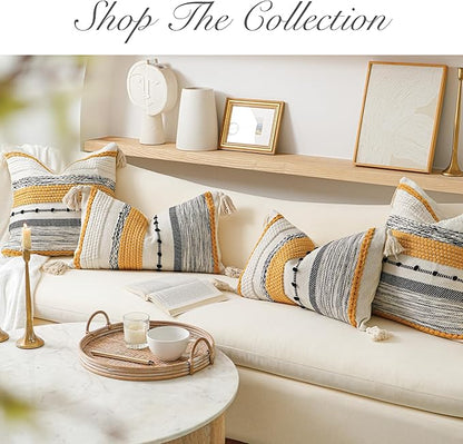 BlissBlush Fall Yellow Mustard Decorative Throw Pillow Cover 18x18 Square Boho Accent Pillowcase Tassels Farmhouse Cushion for Couch Sofa Bedroom Living Room Home Décor Cover ONLY