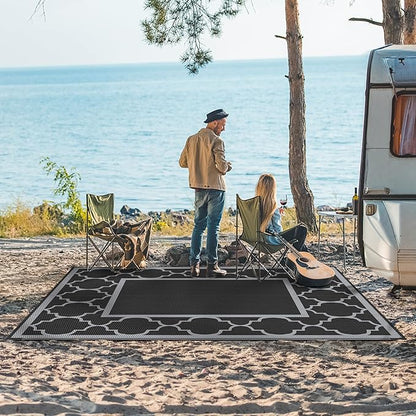 GENIMO Outdoor Rug 9' x 12' Waterproof for Patio Decor, Reversible Plastic Straw Area Rugs Mat for Camper, Outside Carpet for Camping, Rv, Deck, Porch, Picnic, Beach, Balcony, Black & Grey