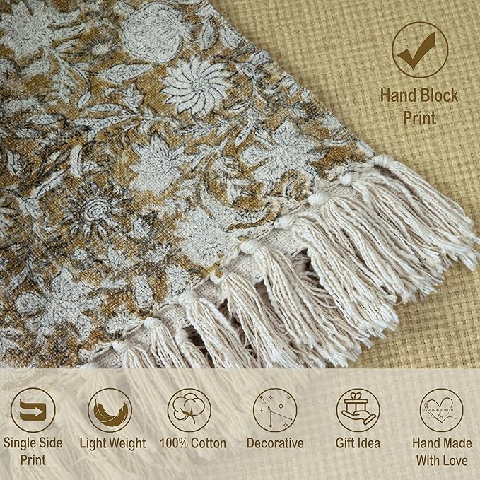 100% Pure Cotton Handblock Printed Throw Blanket, Soft 50" x 60" Fringed Floral Print Throw for Couch, Sofa, Chair, Bed - Cozy, Machine Washable, Comfortable Home Decor