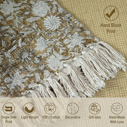 100% Pure Cotton Handblock Printed Throw Blanket, Soft 50" x 60" Fringed Floral Print Throw for Couch, Sofa, Chair, Bed - Cozy, Machine Washable, Comfortable Home Decor