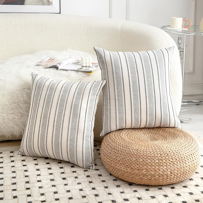 Decorative Boho Throw Pillow Covers, Farmhouse Textured Pillow Case, 18 x 18 Inch Set of 2, Chair Sofa Bedroom Living Room Home Decor Couch Cushion Case, Grey and Beige Striped