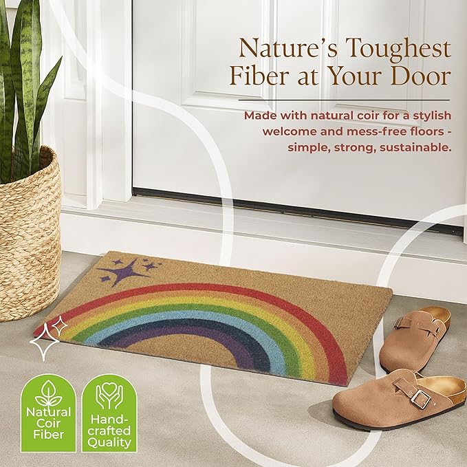 Coir Door Mats 17" X 30", Non-Slip Sturdy, PVC Backed Heavy Duty, Easy to Clean, Ideal for Door Entrance, Patio, Porch, Backyard, Garages, Sparkle of Rainbows