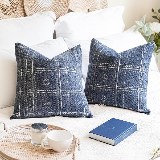BlissBlush Decorative Throw Pillow Covers 20X20, Set of 2, Boho Farmhouse Cushion Cover, Cozy Soft Accent Pillowcase for Couch Sofa Bed Living Room Home Décor