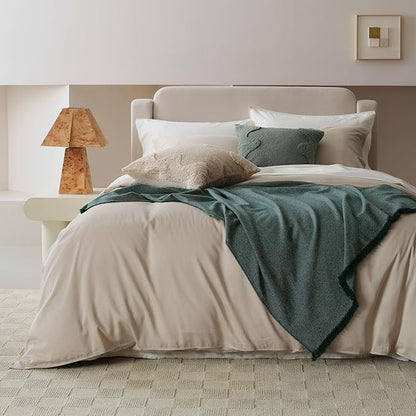 Double Stitch Cotton Tencel Duvet Cover - Queen Size Comforter Cover, Luxury & Soft Eucalyptus Lyocell Bedding Set for Hot Sleepers, Cooling & Breathable, Button Closure, Sandstone, 90"x90"