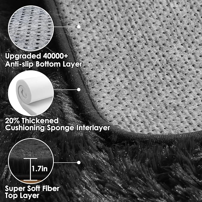 ONASAR Black Area Rugs for Living Room Bedroom, 5x8 Fluffy Shaggy Rug, Washable Soft Plush Large Indoor Floor Carpet for Nursery Kids Girls Boys Teen Dorm Bedside Playroom Home Office Decor Aesthetic