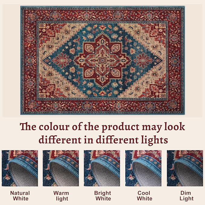 Tangsoo Oriental Red Rug 5x7 Washable Area Rugs for Living Room, Vintage Indoor Non Slip Large Area Rugs, Print Distressed Carpet, Soft Boho Low Pile Foldable Floor Rug for Bedroom Dining Room